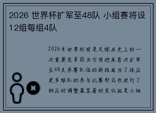 2026 世界杯扩军至48队 小组赛将设12组每组4队
