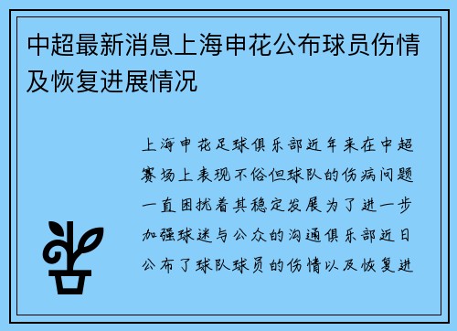 中超最新消息上海申花公布球员伤情及恢复进展情况