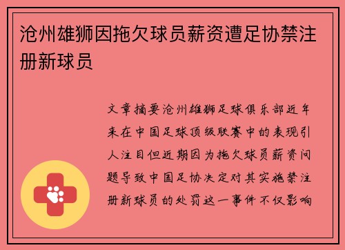 沧州雄狮因拖欠球员薪资遭足协禁注册新球员