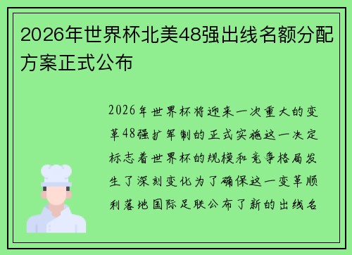 2026年世界杯北美48强出线名额分配方案正式公布